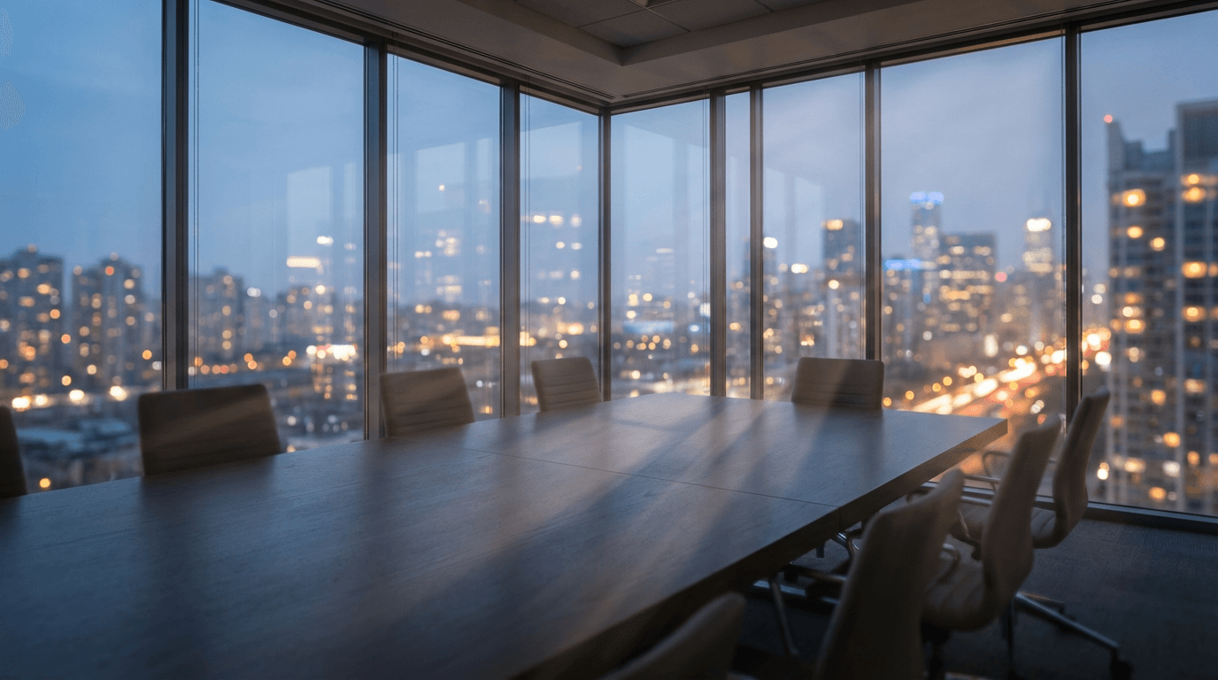 Empty high-rise conference room with city skyline visible through floor-to-ceiling windows at dusk