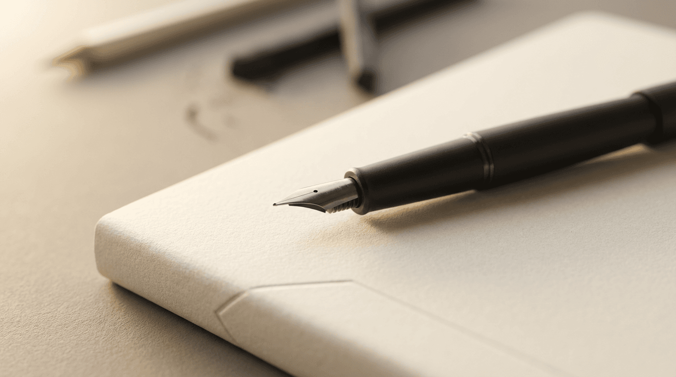 Close-up of marble desktop with leather notebook, gold pen, and smartphone displaying dashboard