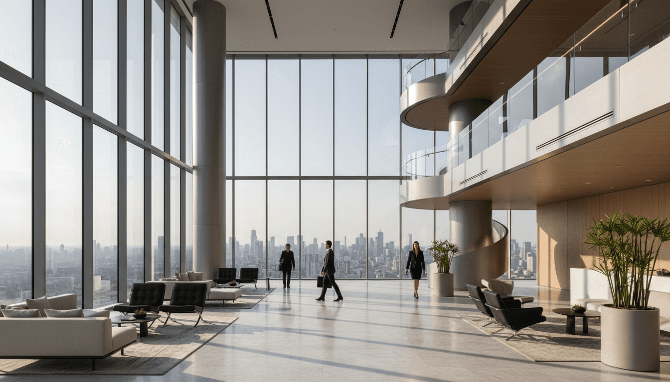 Empty luxury commercial lobby with city skyline visible through floor-to-ceiling windows at dusk