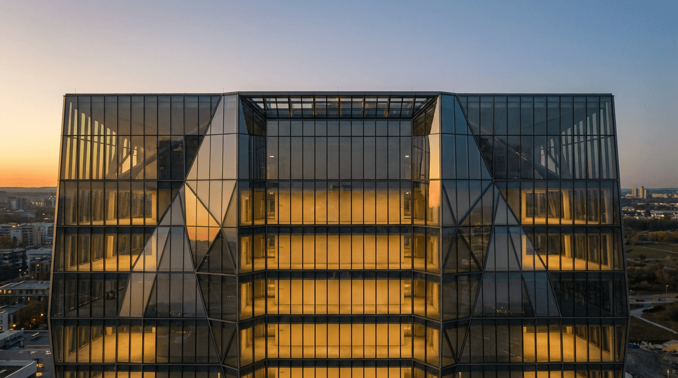 High-rise building facade at dusk with warm illuminated windows against a dark sky