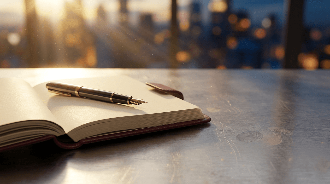 Polished wooden desk with a single sheet and gold pen, city skyline at dusk through floor-to-ceiling windows