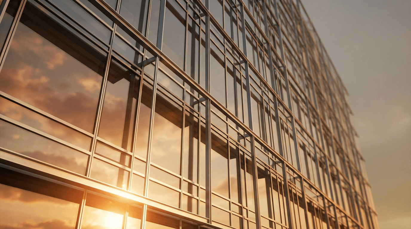 Abstract close-up of a glass building facade reflecting golden sunset light in geometric patterns