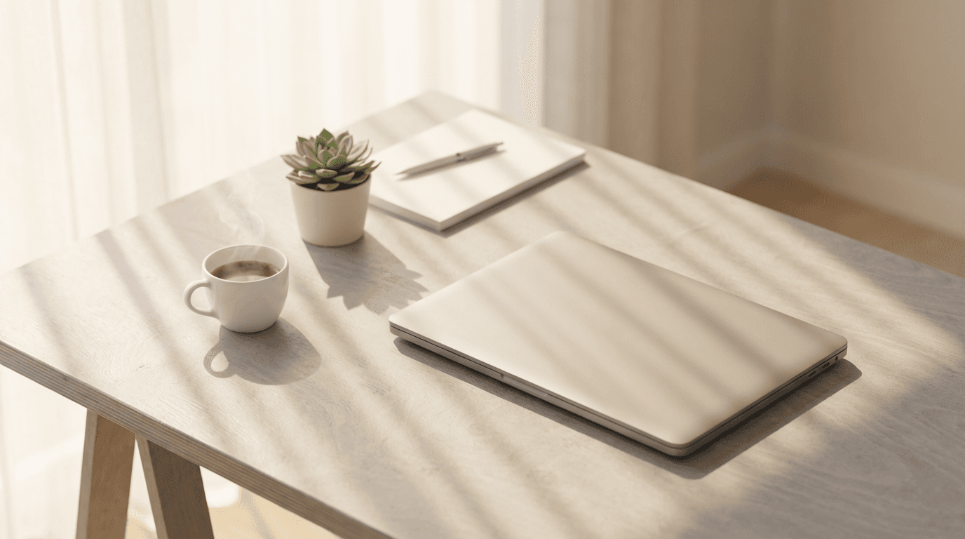 Open laptop with abstract data charts and coffee cup on desk
